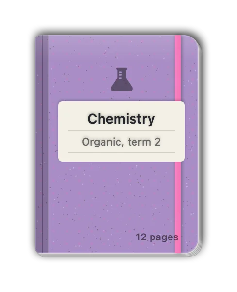Chemistry notebook: a kraft cover with a dot pattern, a sticker label and an elastic band.