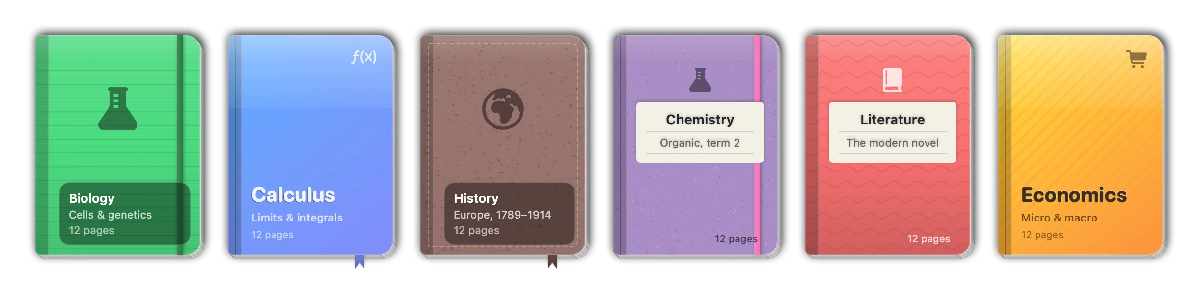 Six Folio notebooks with distinct covers, colours, patterns and labels.